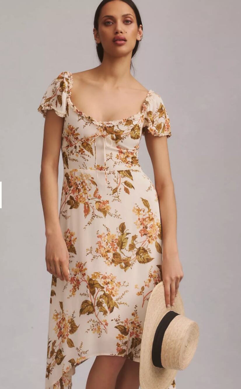 Reformation Maebry Midi Dress Julius White Yellow Floral Short Sleeves Size 10